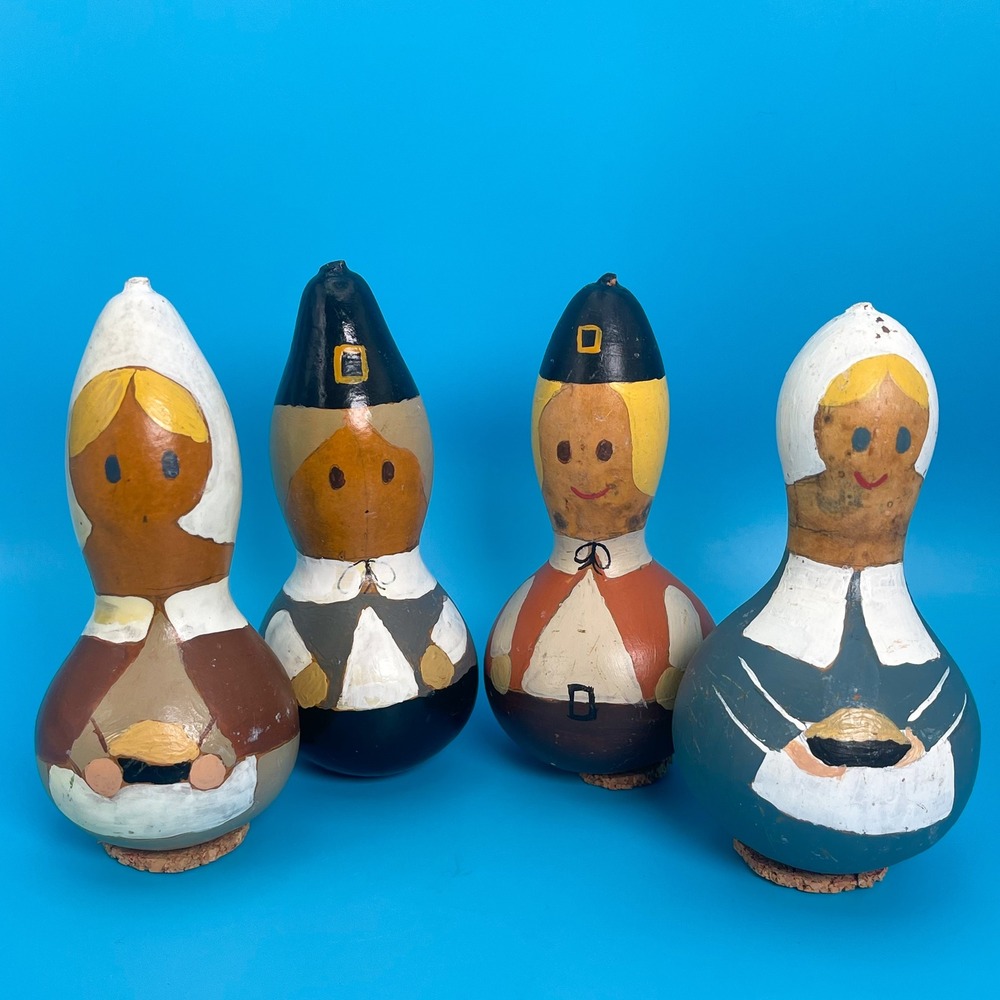 Vintage Hand Painted Pilgrim Gourd‎ Figurines 4 Multicolor Thanksgiving Folk Art
